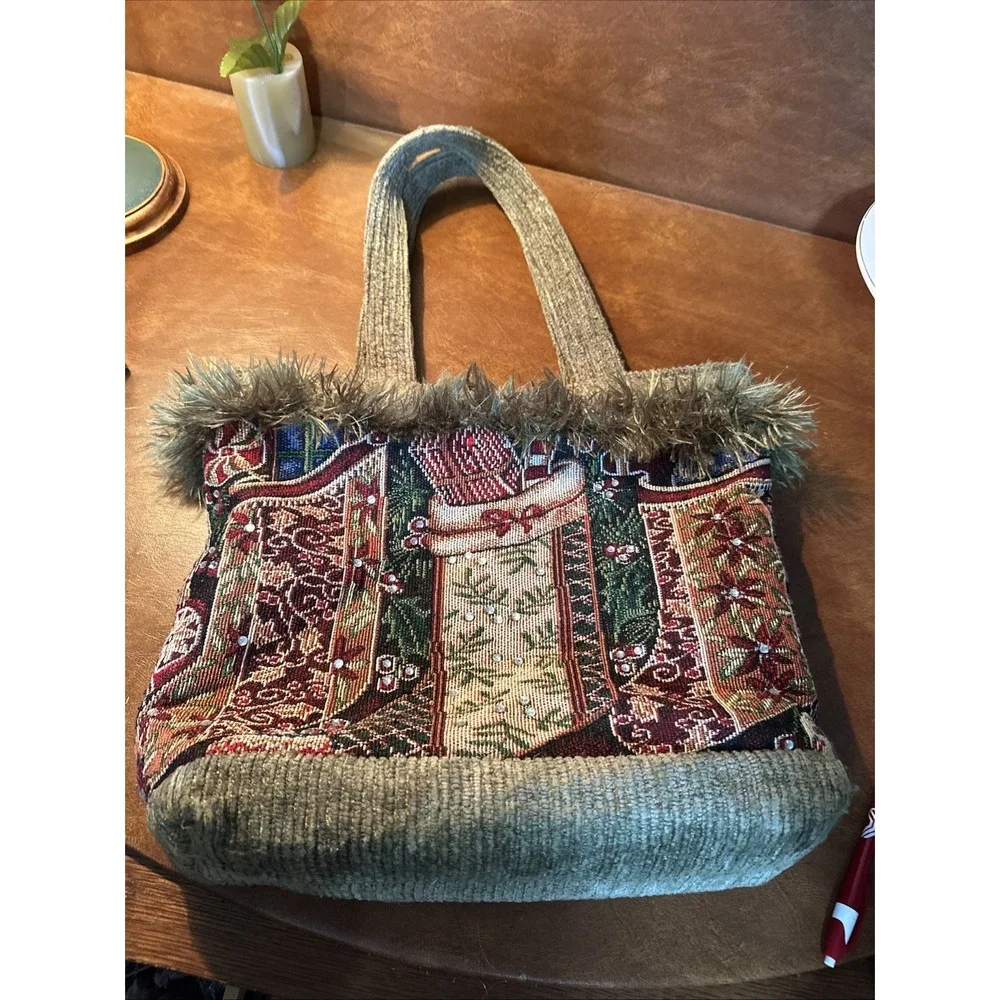 VTG Handmade Tapestry Christmas Tote Bag with Christmas Stockings And Bling